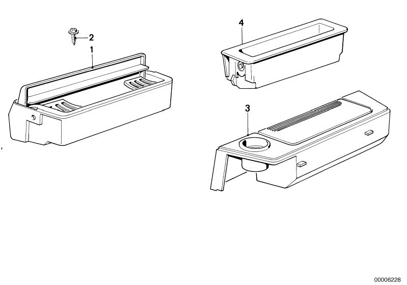 Illustration du STORING PARTITION-ASHTRAY FRONT pour les BMW Classic parts  Pièces de rechange d'origine BMW du catalogue de pièces électroniques (ETK) pour véhicules automobiles BMW (voiture)   ASHTRAY FRONT, RECESSED OVAL HEAD SHEET-METAL SCREW, STORING