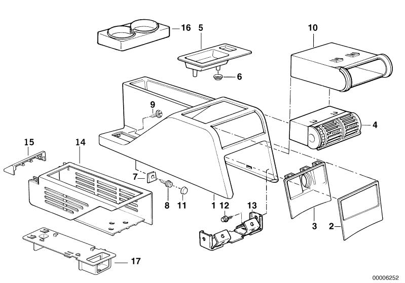 Picture board Centre console for the BMW Classic parts  Original BMW spare parts from the electronic parts catalog (ETK) for BMW motor vehicles (car)   Body nut, Cap, Circlip, Console, Cover, Covering cap, Fillister head self-tapping screw, FRESH AIR GRIL