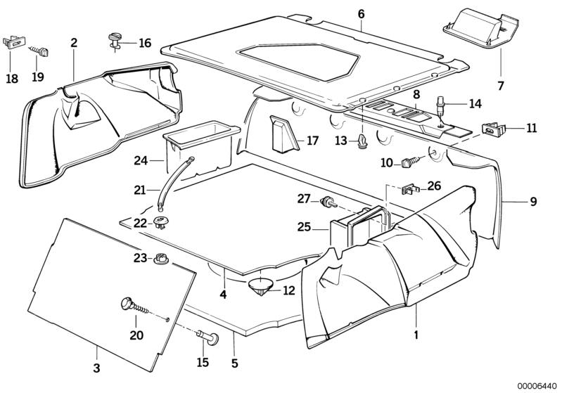 Picture board Trunk trim panel for the BMW Classic parts  Original BMW spare parts from the electronic parts catalog (ETK) for BMW motor vehicles (car)   Clip, black, COMPENSATING MAT, COVERING SUPPORT TAIL PANEL, Expanding rivet, Handle, Insert, Lock, Lo