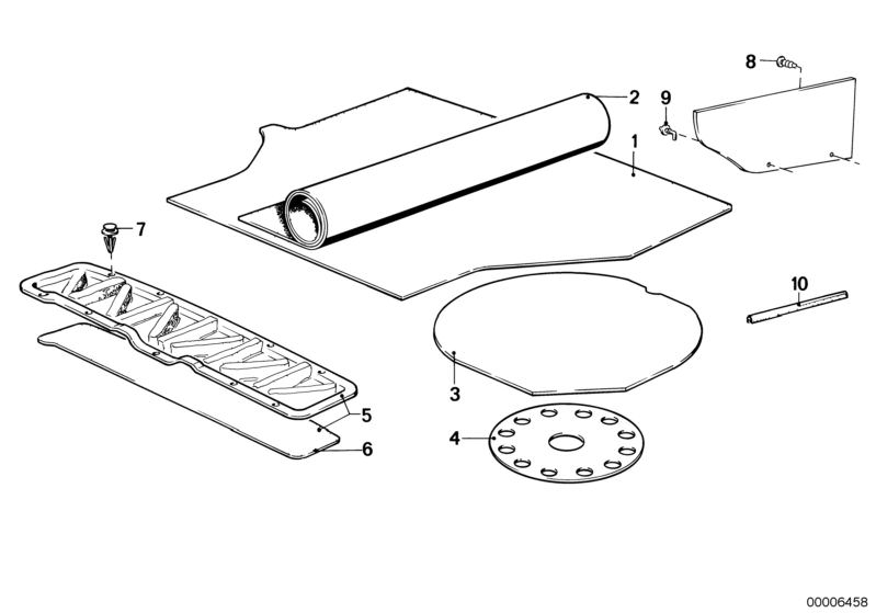 Picture board Trunk trim panel for the BMW Classic parts  Original BMW spare parts from the electronic parts catalog (ETK) for BMW motor vehicles (car)   Clamp, COVER FOR SPARE WHEEL, Edge protection, Lock, Plug, Trunk mat