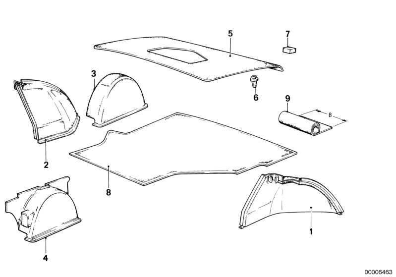 Picture board Trunk trim panel for the BMW Classic parts  Original BMW spare parts from the electronic parts catalog (ETK) for BMW motor vehicles (car)   Clamp, Gasket, PANEL WHEEL HOUSING PART.TRUNK LEFT, PANEL WHEEL HOUSING PART.TRUNK RIGHT, Trim panel,