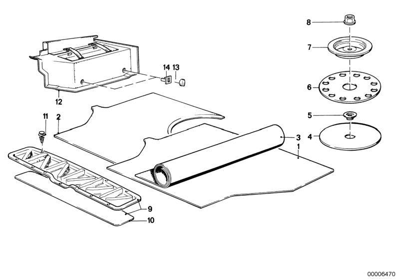 Illustration du Revêtement de coffre pour les BMW Classic parts  Pièces de rechange d'origine BMW du catalogue de pièces électroniques (ETK) pour véhicules automobiles BMW (voiture)   BRACKET FOR SPARE WHEEL, Clamp, COVER FOR SPARE WHEEL, Lock, Locking in