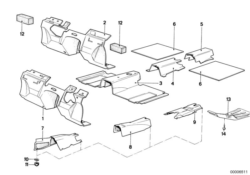 Illustration du SOUND INSULATING FRONT pour les BMW Classic parts  Pièces de rechange d'origine BMW du catalogue de pièces électroniques (ETK) pour véhicules automobiles BMW (voiture)   HEAT INSULATION TUNNEL BOTTOM, Heat resistant plate, Hex head screw, 