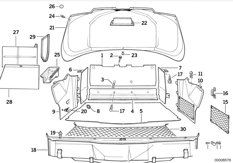 Picture board Trunk trim panel for the BMW Classic parts  Original BMW spare parts from the electronic parts catalog (ETK) for BMW motor vehicles (car)   Cap, Clip, black, Cover, Expanding rivet, Fixing plug, Handle, Hex nut, Luggage compartment net, PANE