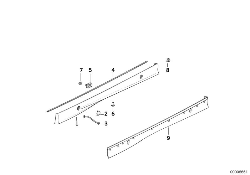 Bildtafel M Blende Schweller / Radlauf für die BMW Classic Teile  Original BMW Ersatzteile aus dem elektronischen Teilekatalog (ETK) für BMW Kraftfahrzeuge( Auto)    Dichtung, Klammer, Klappe Wagenheberaufnahme grundiert, Schwellerleiste links grundiert, 