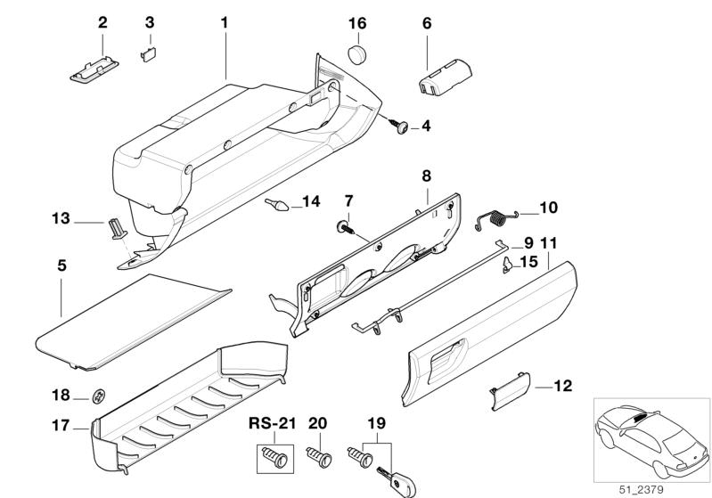 Picture board GLOVE BOX for the BMW Classic parts  Original BMW spare parts from the electronic parts catalog (ETK) for BMW motor vehicles (car)   Cap, Cover, Fillister head screw, Floor lamp cover, GLOVE BOX BOTTOM PANEL, GLOVE BOX HOUSING, Glove box lid