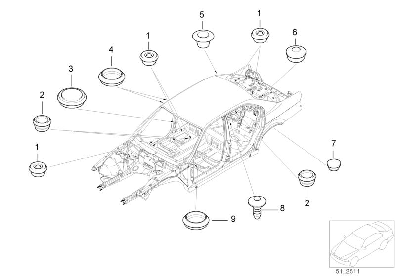 Illustration du Bouchon de fermeture/obturateur pour les BMW 5 Série Modèles  Pièces de rechange d'origine BMW du catalogue de pièces électroniques (ETK) pour véhicules automobiles BMW (voiture)   Blind plug, Covering cap