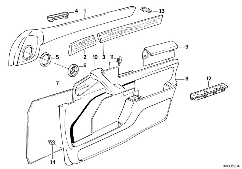 Picture board Door trim panel, front for the BMW Classic parts  Original BMW spare parts from the electronic parts catalog (ETK) for BMW motor vehicles (car)   AIR OUTLET, Clamp, COINTRAY, Cover, Gasket, WOODEN COVER FRONT RIGHT, WOODEN COVER REAR RIGHT