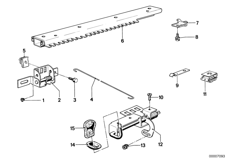 Bildtafel Sitz vorn Sitzschiene für die BMW Classic Teile  Original BMW Ersatzteile aus dem elektronischen Teilekatalog (ETK) für BMW Kraftfahrzeuge( Auto)    Anschlag, Griff, Mutterhalter, Senkschraube, Tülle, Verbindungsstange