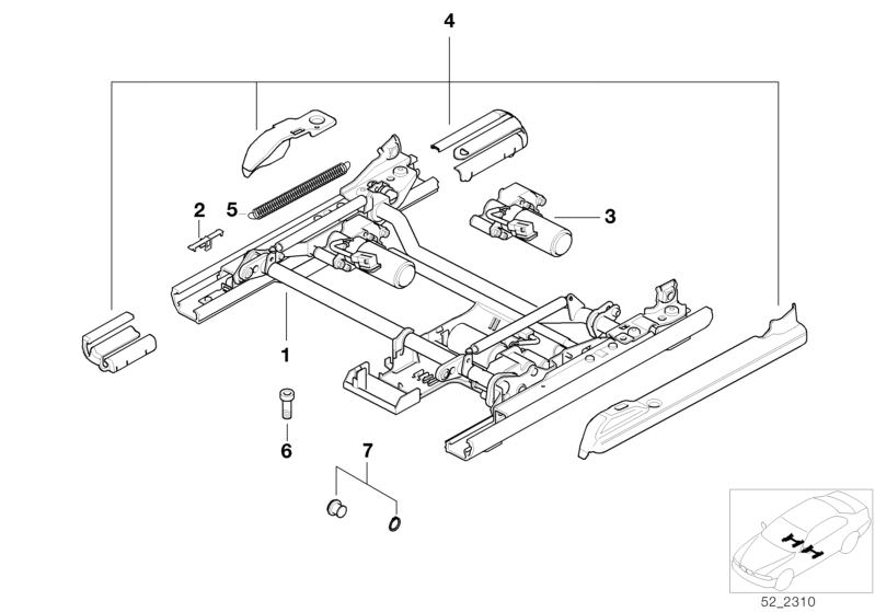 Picture board FRONT SEAT RAIL ELECTRICAL/SINGLE PARTS for the BMW 7 Series models  Original BMW spare parts from the electronic parts catalog (ETK) for BMW motor vehicles (car)   Bush bearing set, Cover, DRIVE F LONGITUDINAL AND TILT ADJUSTMENT, Fillister