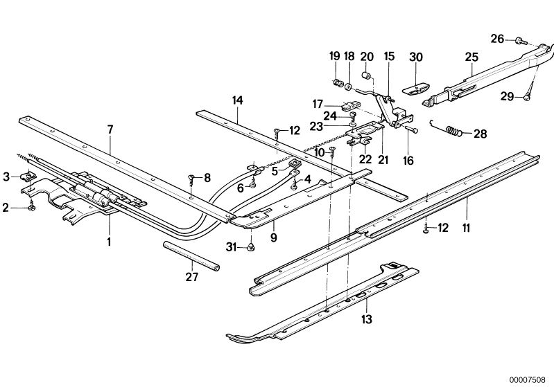 Bildtafel Schiebehebedach Einzelteile für die BMW Classic Teile  Original BMW Ersatzteile aus dem elektronischen Teilekatalog (ETK) für BMW Kraftfahrzeuge( Auto)    Antriebskabel-Paar, Einsteckmutter, Einweisblech rechts, Federscheibe, Führungsschiene rec