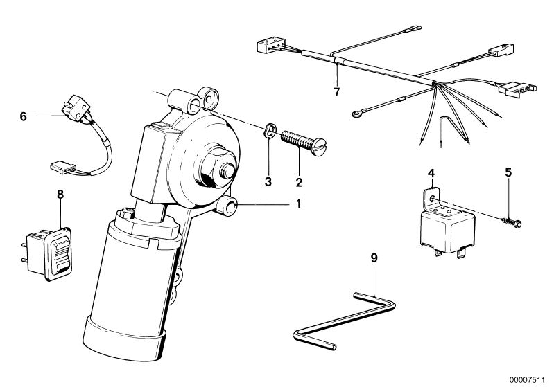 Picture board ELECTR.SLIDING LIFTING ROOF OPERATION for the BMW Classic parts  Original BMW spare parts from the electronic parts catalog (ETK) for BMW motor vehicles (car)   ELECTR.SLIDING-LIFTING ROOF TRANSMISSION, EMERGENCY TOOL ELECT.WINDOW/SLIDING RO