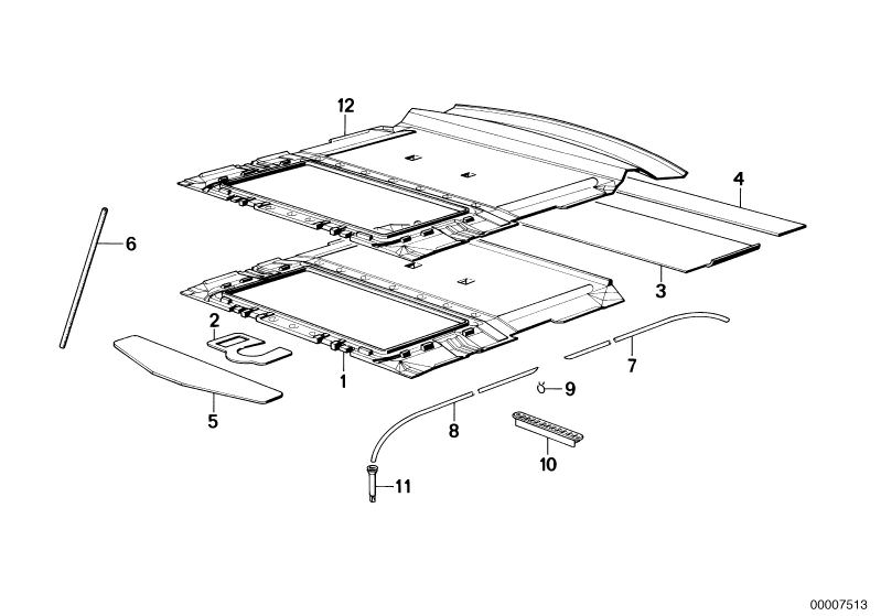 Illustration du TRIM SLIDING LIFTING ROOF pour les BMW Classic parts  Pièces de rechange d'origine BMW du catalogue de pièces électroniques (ETK) pour véhicules automobiles BMW (voiture)   Hose clamp, NON RETURN FLAP, SOUND INSULATING COVER, WATER HOSE