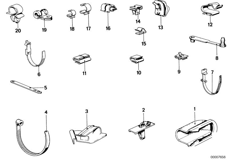 Picture board CABLE CLAMPS/CABLE HOLDER for the BMW Classic parts  Original BMW spare parts from the electronic parts catalog (ETK) for BMW motor vehicles (car)   Cable clamp, Cable holder, Cable tie, Clamp, Pipe clip