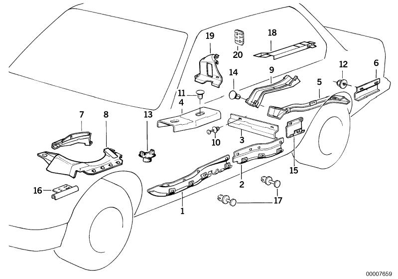 Bildtafel Kabelabdeckung für die BMW Classic Teile  Original BMW Ersatzteile aus dem elektronischen Teilekatalog (ETK) für BMW Kraftfahrzeuge( Auto)    Druckknopf, Gummitülle Trennwand Gepäckraum, Kunststoffmutter, Spreizniet