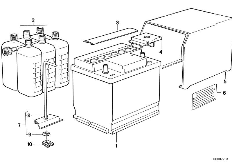 Illustration du Pile pour les BMW Classic parts  Pièces de rechange d'origine BMW du catalogue de pièces électroniques (ETK) pour véhicules automobiles BMW (voiture)   Axial securing clip, Battery holder, Clip nut, Original BMW battery, filled