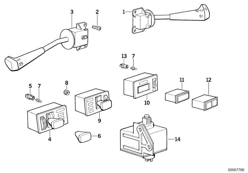 Picture board Steering column switch for the BMW Classic parts  Original BMW spare parts from the electronic parts catalog (ETK) for BMW motor vehicles (car)   Bulb, Bulb socket, Button, Fillister head screw, FOG LAMP SWITCH, Light switch, Switch cover, S