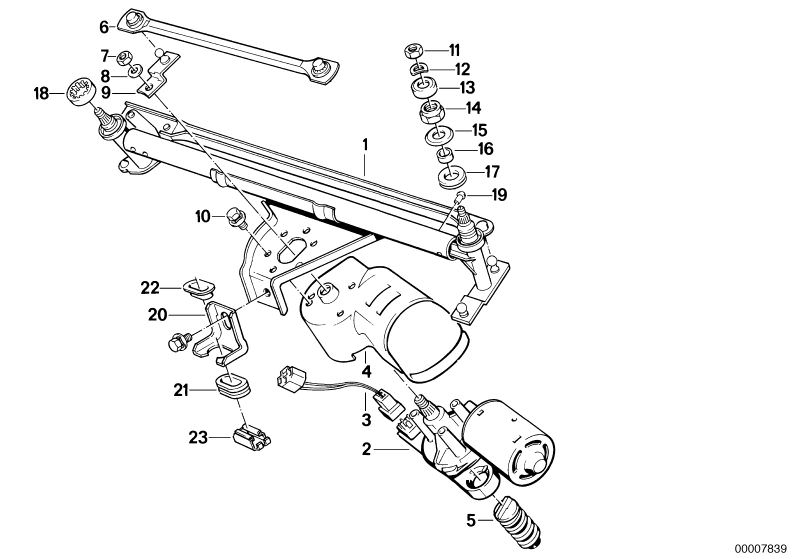 Picture board SINGLE WIPER PARTS for the BMW Classic parts  Original BMW spare parts from the electronic parts catalog (ETK) for BMW motor vehicles (car)   Bracket, Covering cap, DAMPER RING, DRIVE ROD, Hex Bolt with washer, Hex nut, Linkage for wiper, MO
