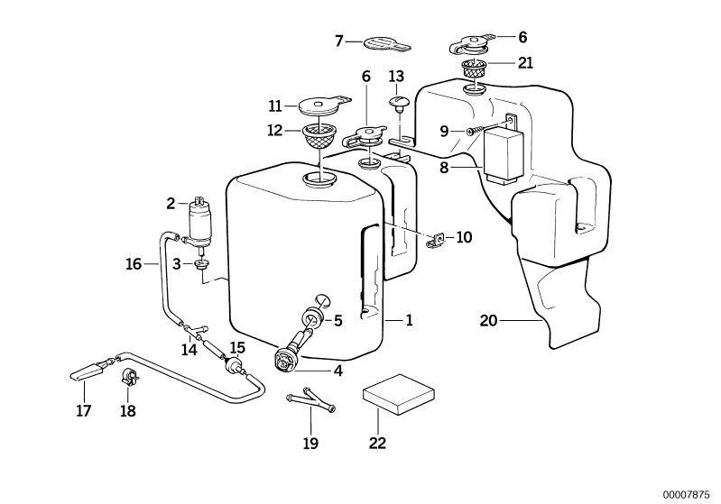Bildtafel Einzelteile Scheinwerferwaschanlage für die BMW Classic Teile  Original BMW Ersatzteile aus dem elektronischen Teilekatalog (ETK) für BMW Kraftfahrzeuge( Auto)    Deckel, Deckel für Scheibenwaschbehälter, Dichtung, Druckknopf, Flüssigkeitsbehält