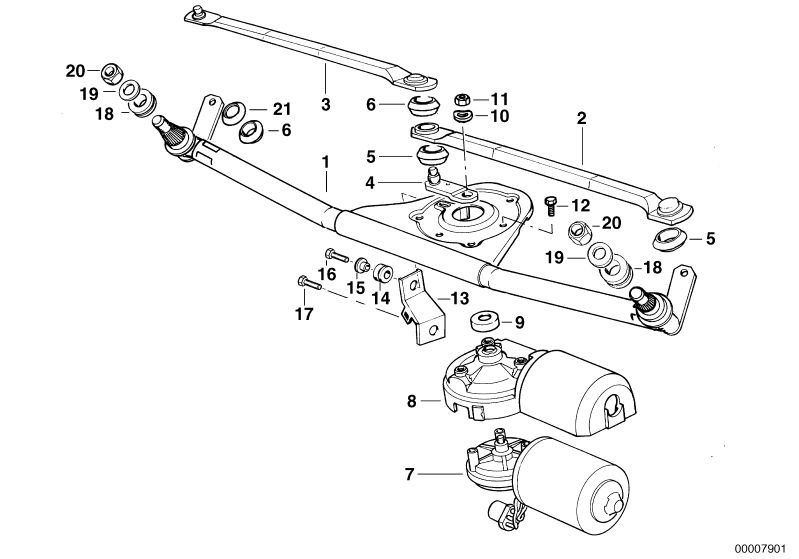 Illustration du SINGLE WIPER PARTS pour les BMW Classic parts  Pièces de rechange d'origine BMW du catalogue de pièces électroniques (ETK) pour véhicules automobiles BMW (voiture)   Bracket, Bush, Covering cap, DAMPER RING, DRIVE ROD, Hex Bolt, Hex Bolt w