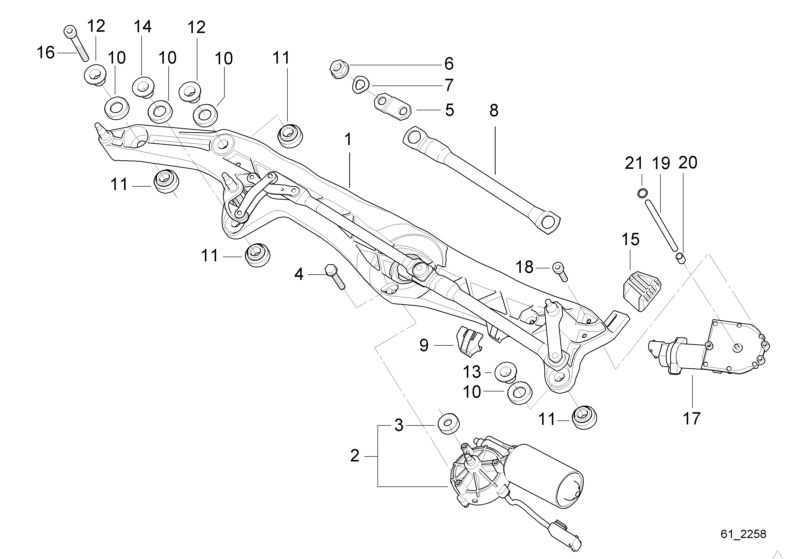 Picture board SINGLE WIPER PARTS for the BMW 7 Series models  Original BMW spare parts from the electronic parts catalog (ETK) for BMW motor vehicles (car)   ABSORBING PIECE, Bush, DRIVE ROD, Fillister head screw, GASKET F PRESSURE ADJUSTING DEVICE, Hex B