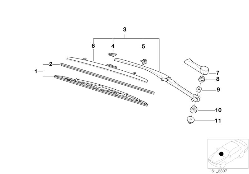 Illustration du LEFT WIPER ARM/WIPER BLADE pour les BMW 5 Série Modèles  Pièces de rechange d'origine BMW du catalogue de pièces électroniques (ETK) pour véhicules automobiles BMW (voiture)   Adjusting plate, Cap, wiper arm, left, Hex nut, LEFT WIPER AXLE