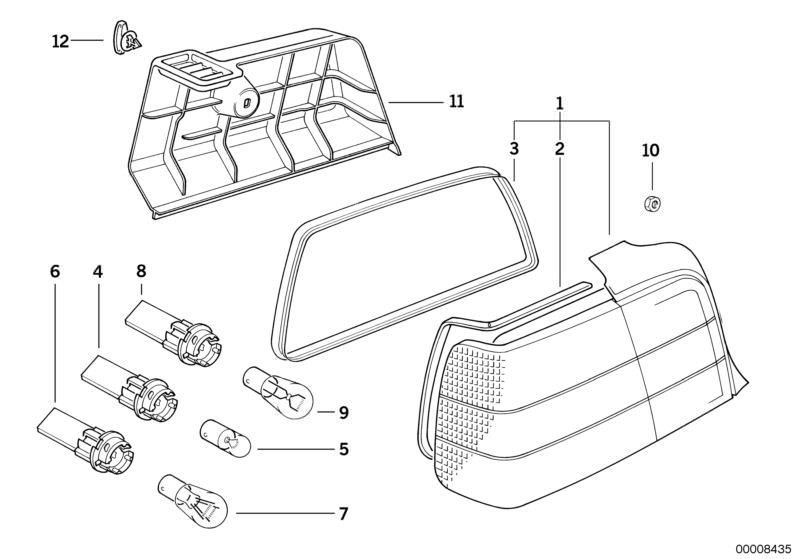 Picture board Rear light for the BMW Classic parts  Original BMW spare parts from the electronic parts catalog (ETK) for BMW motor vehicles (car)   Bulb, Bulb socket, Bulb socket, yellow bulb, Covering right, Gasket, Hex nut, LEFT REAR LIGHT, WHITE TURN I