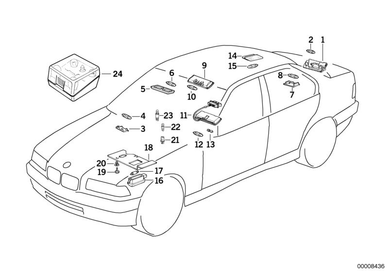 Bildtafel Diverse Leuchten für die BMW Classic Teile  Original BMW Ersatzteile aus dem elektronischen Teilekatalog (ETK) für BMW Kraftfahrzeuge( Auto)    Ersatzlampenbox, Gepäckraumleuchte, Glühlampe, Halter Motorraumleuchte, Handschuhkastenleuchte mit Sc