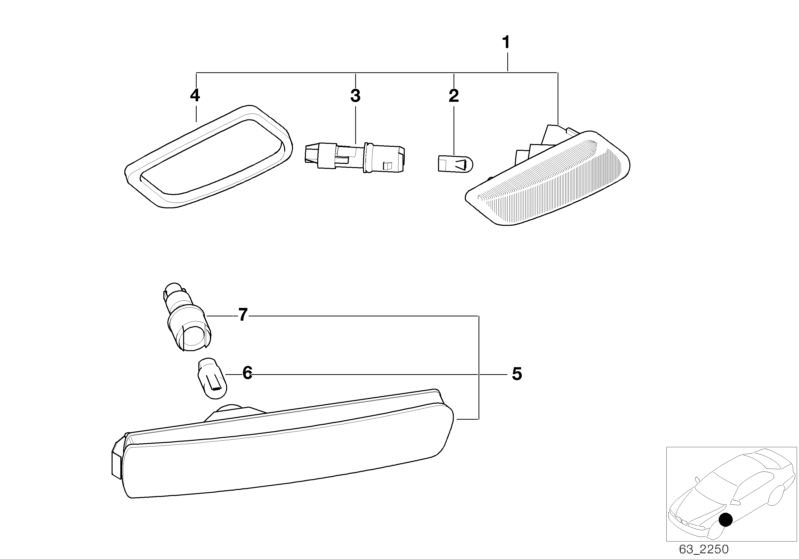 Picture board ADDITIONAL LIGHTS AND SIDE MARKER LIGHTS for the BMW Z Series models  Original BMW spare parts from the electronic parts catalog (ETK) for BMW motor vehicles (car)   Addit. turn indicator lamp, left white, Bulb socket, BULB YELLOW, GASKET RI