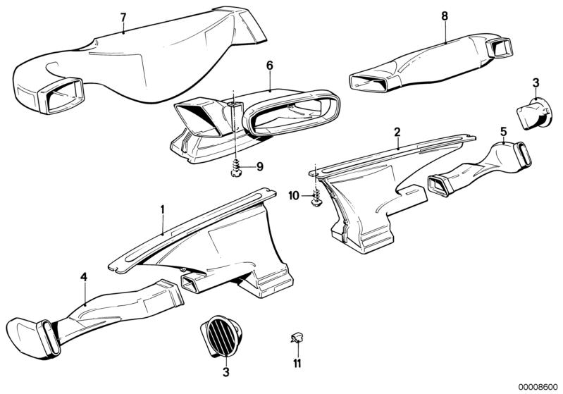 Picture board OUTFLOW NOZZLES/COVERS for the BMW Classic parts  Original BMW spare parts from the electronic parts catalog (ETK) for BMW motor vehicles (car)   Clamp, COLD AIR DUCT CENTER, Cold air duct, left, Cold air duct, right, DEFROSTER NOZZLE LEFT, 