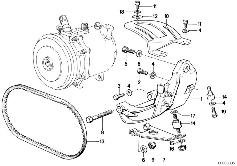 Picture board ATTACHING PARTS COMPRESSOR for the BMW Classic parts  Original BMW spare parts from the electronic parts catalog (ETK) for BMW motor vehicles (car)   ADJUSTING BAR, FAN BELT, Grub screw, Hex Bolt, Self-locking hex nut, Supporting bracket, Wa