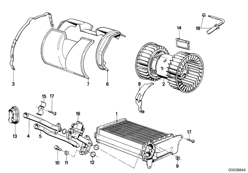 Picture board HEATER RADIATOR/BLOWER for the BMW Classic parts  Original BMW spare parts from the electronic parts catalog (ETK) for BMW motor vehicles (car)   Blower housing, Blower unit, Gasket ring, Heater radiator, Hex Bolt, NON RETURN FLAP, Pipe, REP