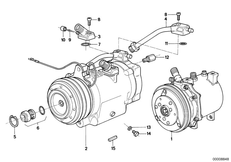 Picture board RP air conditioning compressor for the BMW Classic parts  Original BMW spare parts from the electronic parts catalog (ETK) for BMW motor vehicles (car)   Austausch Klimakompressor, Cap, CONNECTOR PRESSURE PIPE, Fillister head with washer, Ga