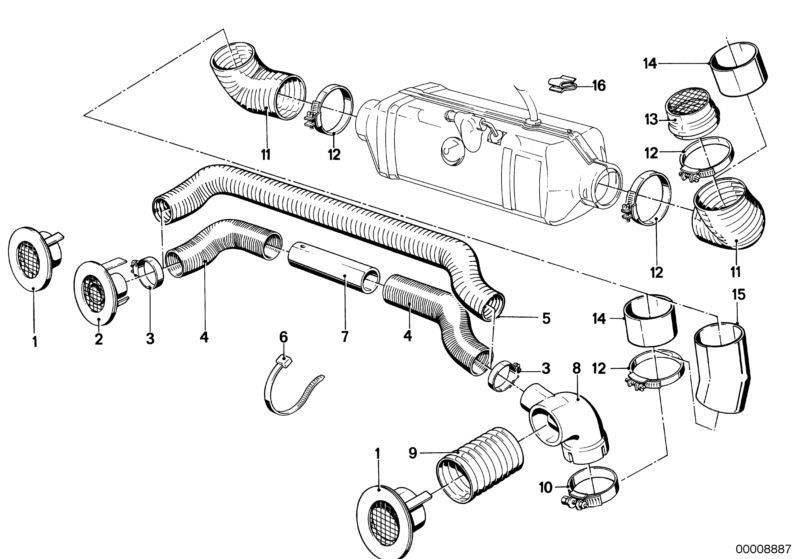 Picture board AIR INTAKE TUBE for the BMW Classic parts  Original BMW spare parts from the electronic parts catalog (ETK) for BMW motor vehicles (car)   Cable clamp, Cable tie, Connection pipe, Hose clamp