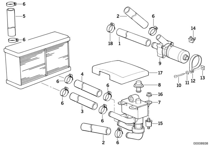 Bildtafel Wasserschläuche-Pumpe-Ventil für die BMW Classic Teile  Original BMW Ersatzteile aus dem elektronischen Teilekatalog (ETK) für BMW Kraftfahrzeuge( Auto)    Hutmutter, Keil, Linsenblechschraube, Presslochmutter, Scheibe, Schlauch Vorlauf, Schlauc