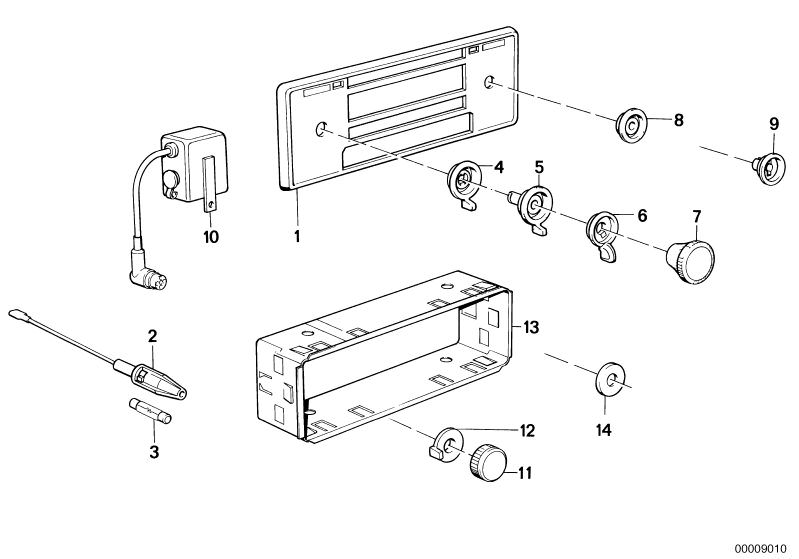 Picture board RADIO-INSTALLATION PARTS for the BMW Classic parts  Original BMW spare parts from the electronic parts catalog (ETK) for BMW motor vehicles (car)   Frame, Fuse, Rotary knob