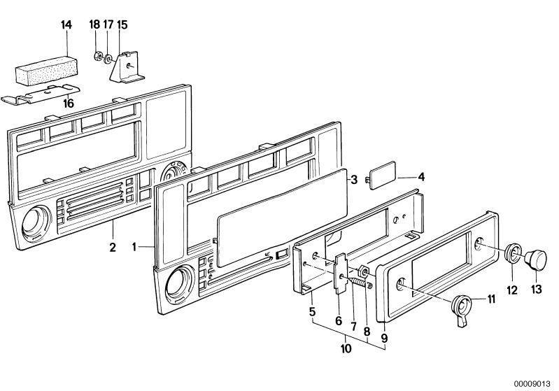 Picture board Radio for the BMW Classic parts  Original BMW spare parts from the electronic parts catalog (ETK) for BMW motor vehicles (car)   Carrier, Cover, Hex nut, Holder, Plug, Set felt strip adhesive, WAVE WASHER