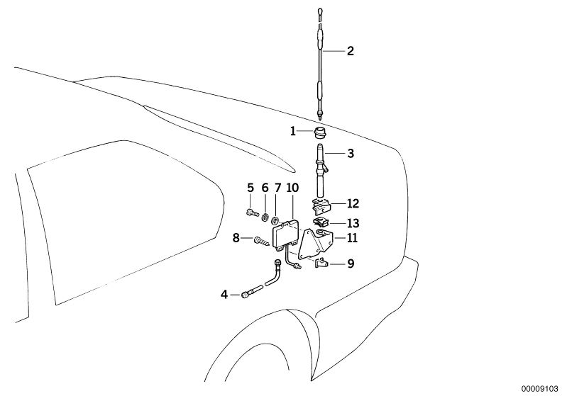 Illustration du RADIO/TELEPHONE ANTENNA F OFFICIAL VEH. pour les BMW Classic parts  Pièces de rechange d'origine BMW du catalogue de pièces électroniques (ETK) pour véhicules automobiles BMW (voiture)   Clamp, Expanding nut, Fillister head screw, Filliste