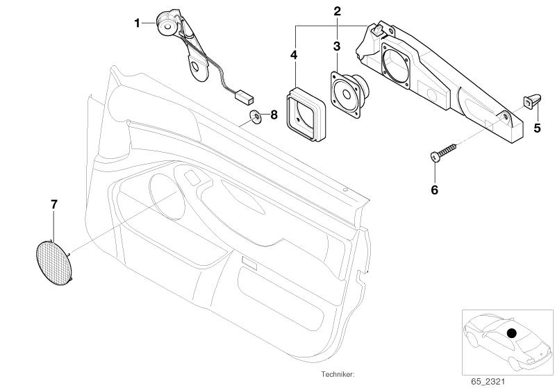 Picture board SINGLE PARTS F FRONT DOOR STEREO SYSTEM for the BMW 5 Series models  Original BMW spare parts from the electronic parts catalog (ETK) for BMW motor vehicles (car)   Cover Loudspeaker, Expanding nut, Fillister head self-tapping screw, LEFT FR