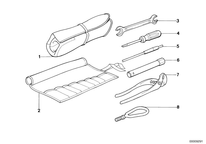 Picture board TOOL BAG W.TOOLS for the BMW Classic parts  Original BMW spare parts from the electronic parts catalog (ETK) for BMW motor vehicles (car)   OPEN END SPANNER, Pin, SCREWDRIVER, Spark plug wrench, Tool bag, Towing hinge, WATER PUMP PLIERS