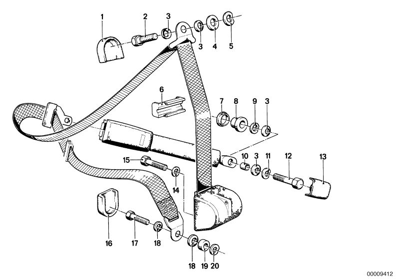 Picture board FRONT SAFETY BELT MOUNTING PARTS for the BMW Classic parts  Original BMW spare parts from the electronic parts catalog (ETK) for BMW motor vehicles (car)   Collar screw, Covering cap, Spring washer, Stop disc, Washer, WAVE WASHER