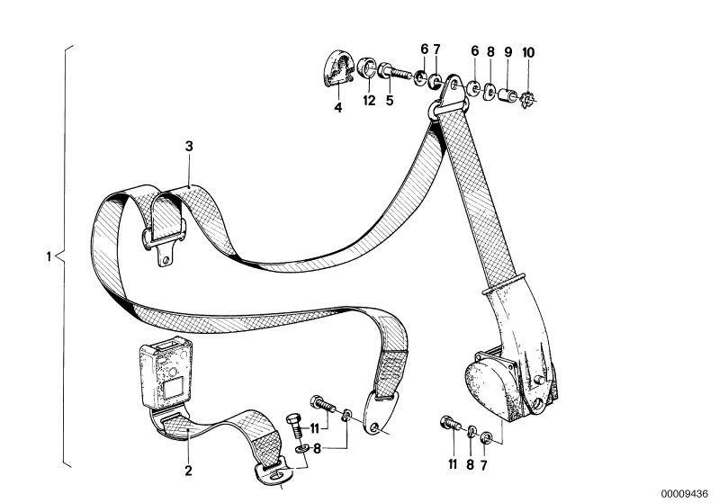 Picture board REAR SAFETY BELT MOUNTING PARTS for the BMW Classic parts  Original BMW spare parts from the electronic parts catalog (ETK) for BMW motor vehicles (car)   Collar screw, Covering cap, Stop disc, Washer, WAVE WASHER