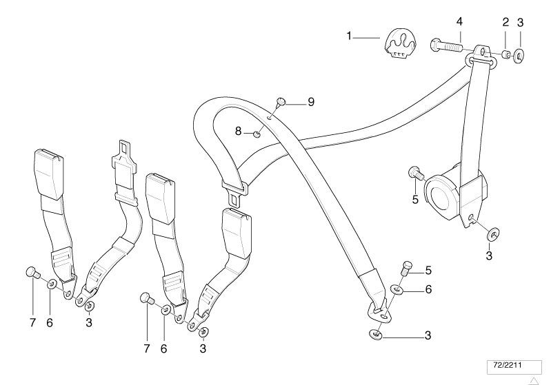 Bildtafel Sicherheitsgurt Anbauteile hinten für die BMW Classic Teile  Original BMW Ersatzteile aus dem elektronischen Teilekatalog (ETK) für BMW Kraftfahrzeuge( Auto)    Abdeckkappe, Distanzbuchse, Knopf oben, Knopf unten, Sechskantschraube, Sicherungssc