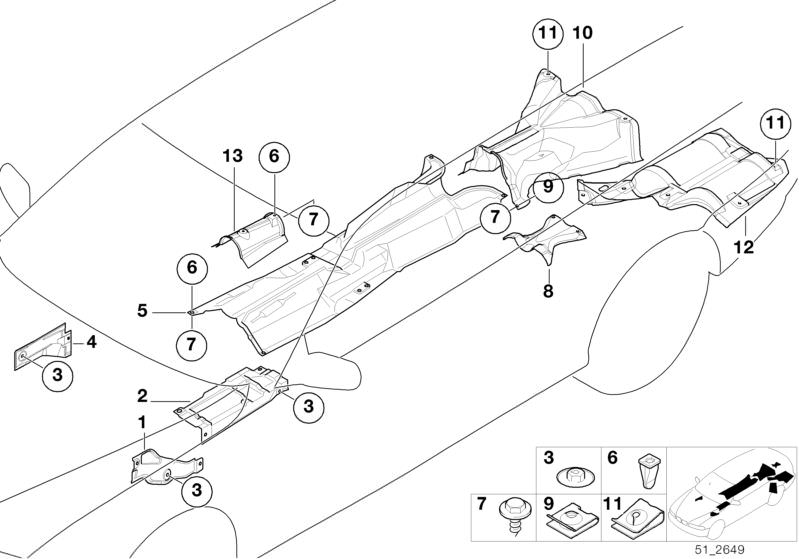 Picture board Heat insulation for the BMW 5 Series models  Original BMW spare parts from the electronic parts catalog (ETK) for BMW motor vehicles (car)   Body nut, Expanding nut, FUEL TANK HEAT INSULATION, Heat insulation right, HEAT INSULATION TUNNEL BO