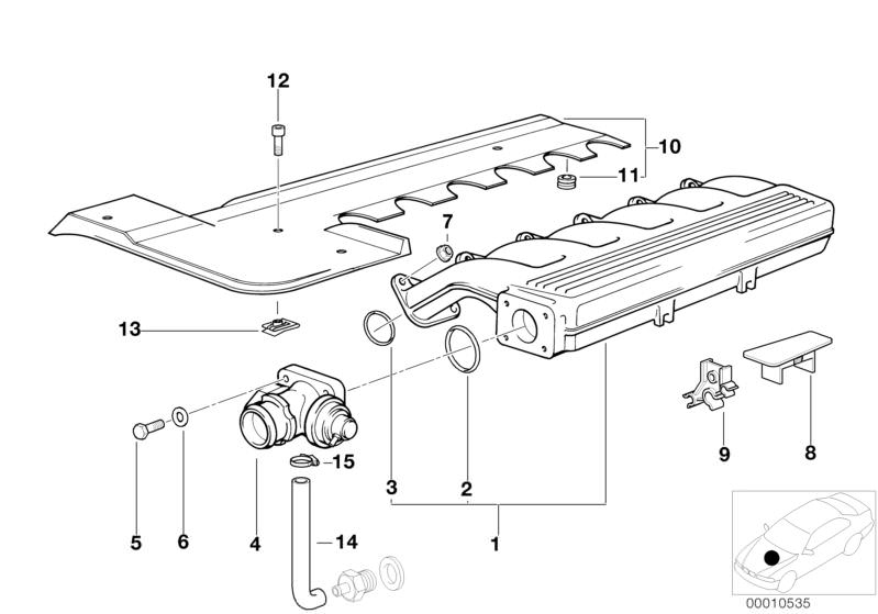 Illustration du INTAKE MANIFOLD SYSTEM-AGR pour les BMW 5 Série Modèles  Pièces de rechange d'origine BMW du catalogue de pièces électroniques (ETK) pour véhicules automobiles BMW (voiture)   Clip nut, Cover, COVER BASE B+, EGR-VALVE, Fillister head screw