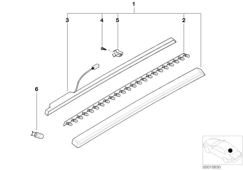 Picture board Third stoplamp for the BMW Z Series models  Original BMW spare parts from the electronic parts catalog (ETK) for BMW motor vehicles (car)   Bulb, Clip, Covering cap, Printed circuit board, Screw, Third stoplamp