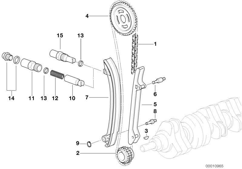 Illustration du Cde soupapes-chaine distrib. partie inf. pour les BMW Classic parts  Pièces de rechange d'origine BMW du catalogue de pièces électroniques (ETK) pour véhicules automobiles BMW (voiture)   Bearing bolt, Chain tensioner, Circlip, COIL SPRING