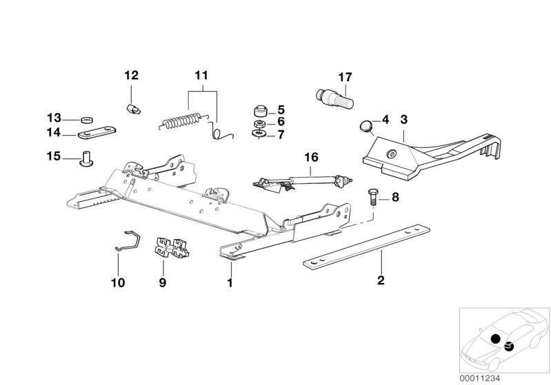 Bildtafel Sitz vorn Sitzschiene für die BMW Classic Teile  Original BMW Ersatzteile aus dem elektronischen Teilekatalog (ETK) für BMW Kraftfahrzeuge( Auto)    Abdeckkappe, Abdeckkappe links, Bolzen, Feder rechts, Führung, Satz Federn, Scheibe, Sechskantmu