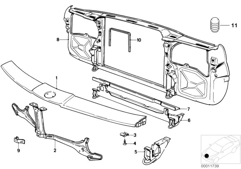 Picture board FRONT PANEL for the BMW Classic parts  Original BMW spare parts from the electronic parts catalog (ETK) for BMW motor vehicles (car)   Covering plate, CROSS MEMBER FRONT, FRONT PANEL, Screw, self tapping, Stop buffer, Support, TOWING SUSPENS