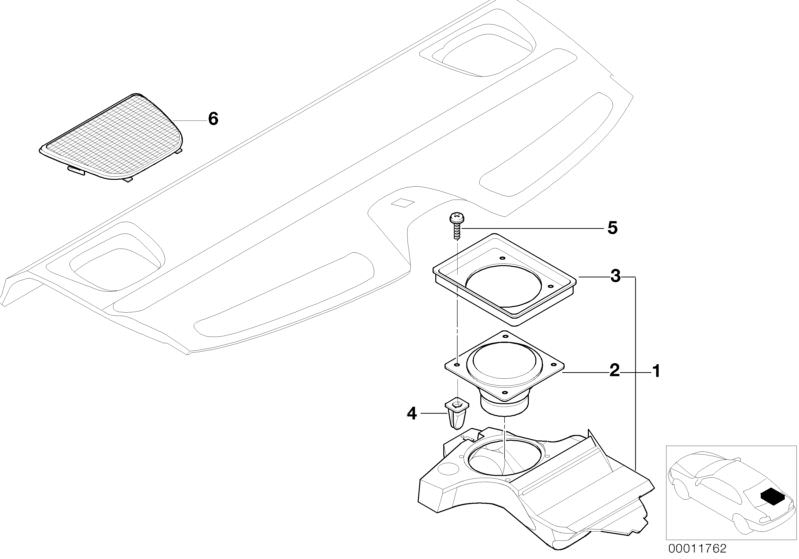 Picture board SINGLE PARTS F PACKAGE SHELF TOP-HIFI for the BMW 5 Series models  Original BMW spare parts from the electronic parts catalog (ETK) for BMW motor vehicles (car)   Cover Loudspeaker, Expanding nut, Fillister head self-tapping screw, Loudspeak